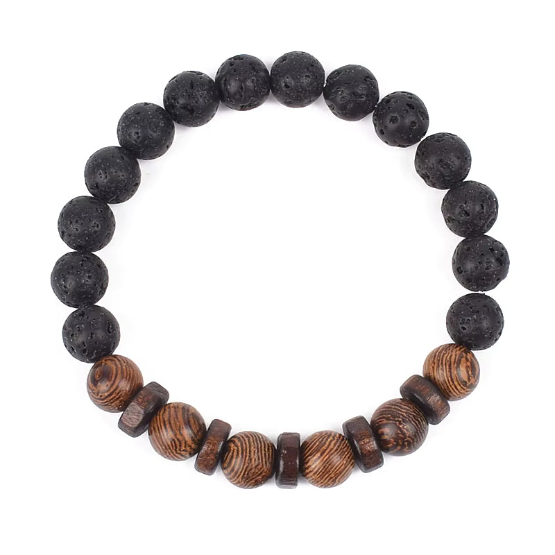 Wooden Bead Bracelet Men's Natural Turquoise Owl Accent Adjustable