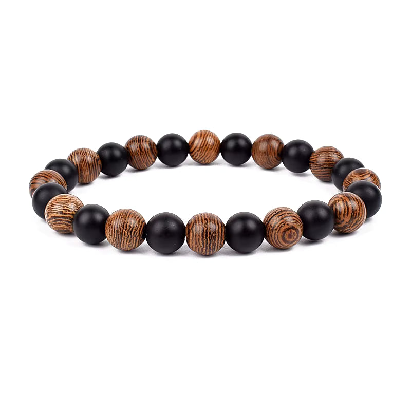 Wooden Bead Bracelet Men's Natural Turquoise Owl Accent Adjustable