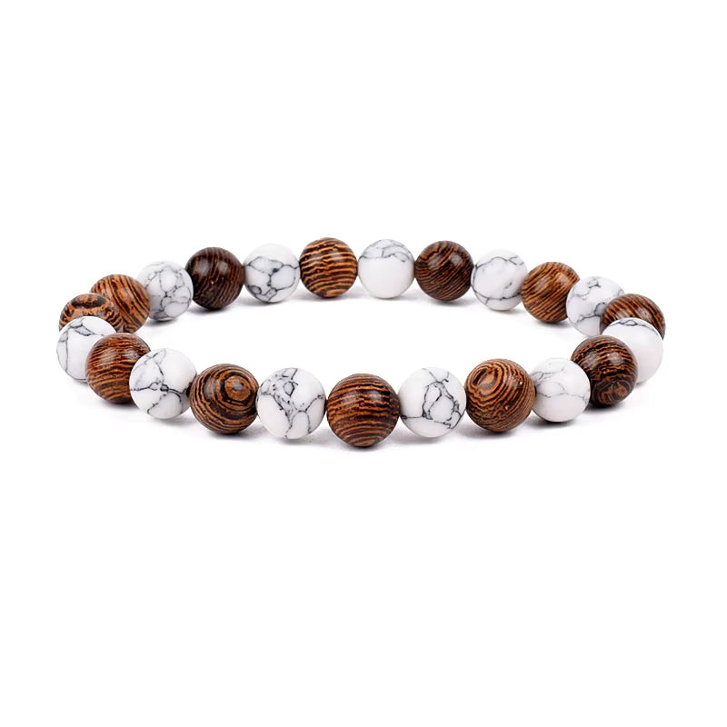 Wooden Bead Bracelet Men's Natural Turquoise Owl Accent Adjustable