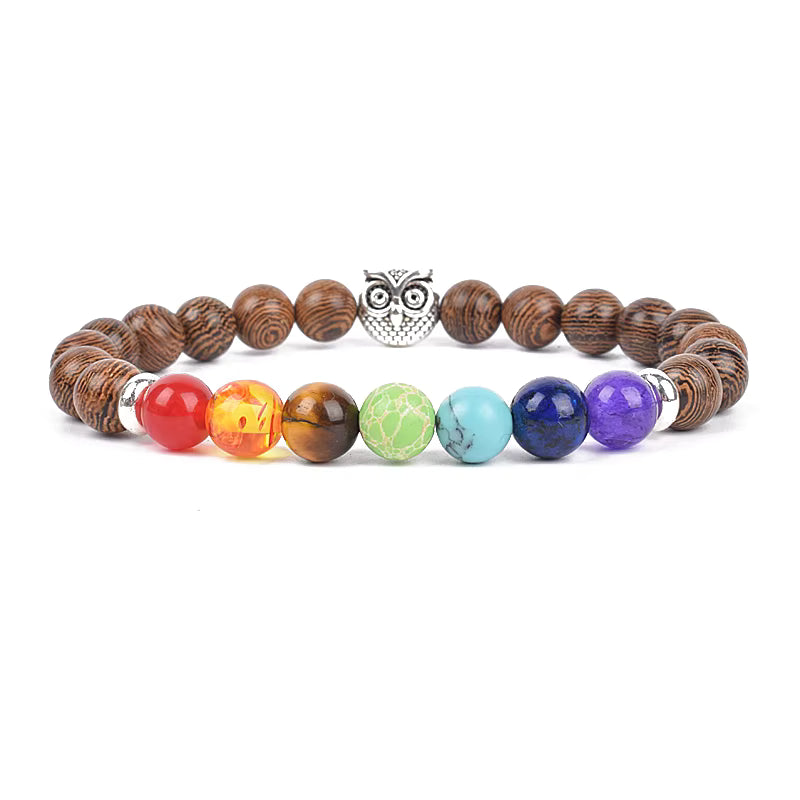 Wooden Bead Bracelet Men's Natural Turquoise Owl Accent Adjustable