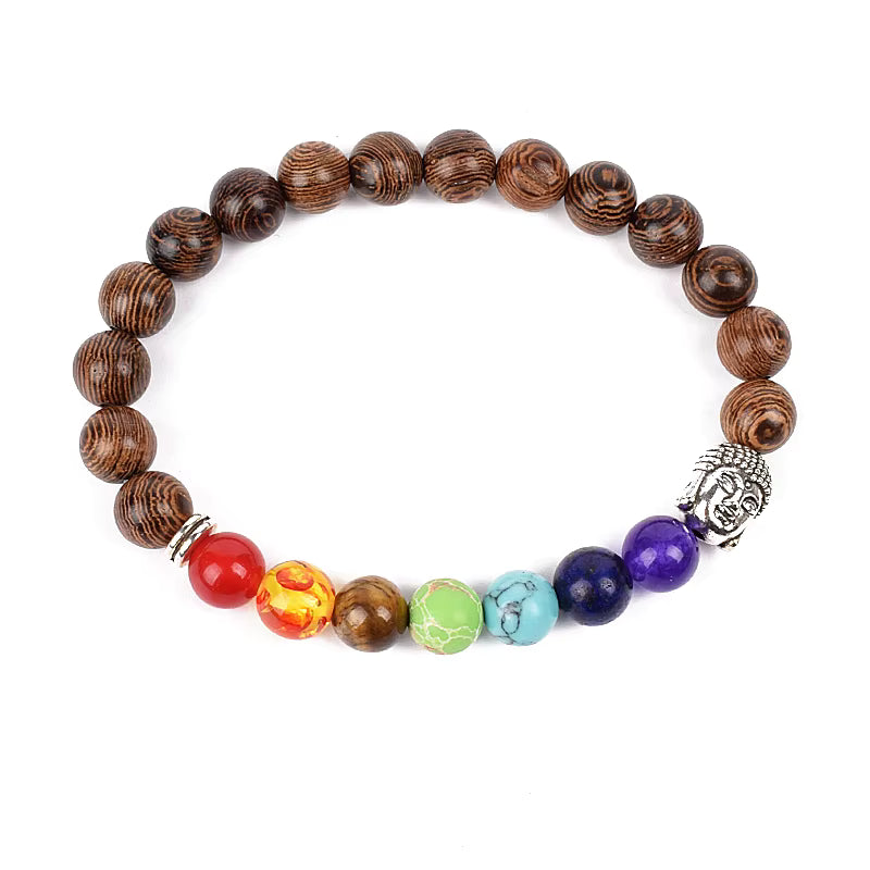 Wooden Bead Bracelet Men's Natural Turquoise Owl Accent Adjustable