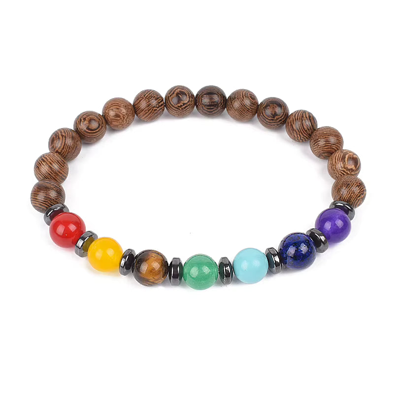 Wooden Bead Bracelet Men's Natural Turquoise Owl Accent Adjustable