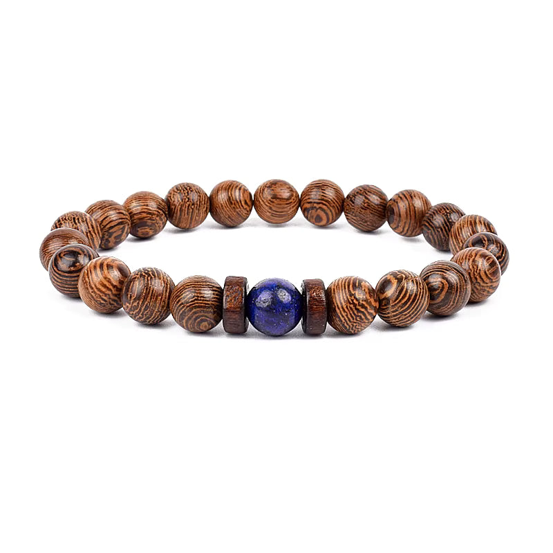 Wooden Bead Bracelet Men's Natural Turquoise Owl Accent Adjustable