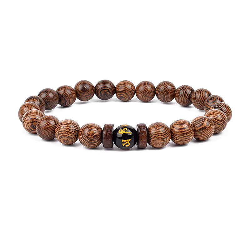 Wooden Bead Bracelet Men's Natural Turquoise Owl Accent Adjustable