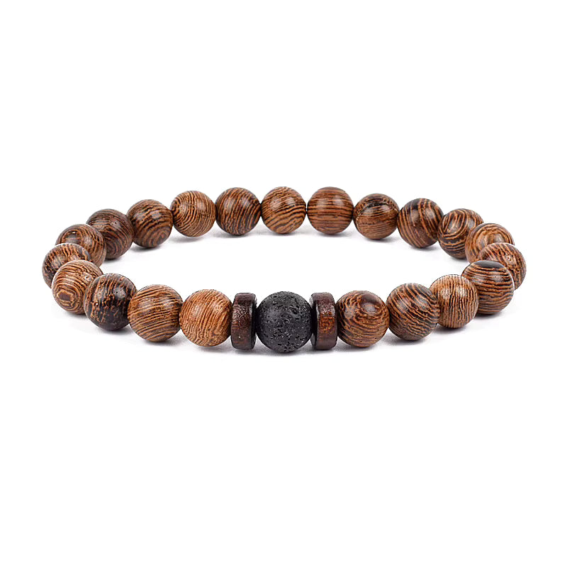 Wooden Bead Bracelet Men's Natural Turquoise Owl Accent Adjustable