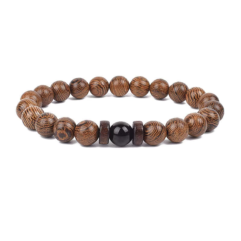 Wooden Bead Bracelet Men's Natural Turquoise Owl Accent Adjustable