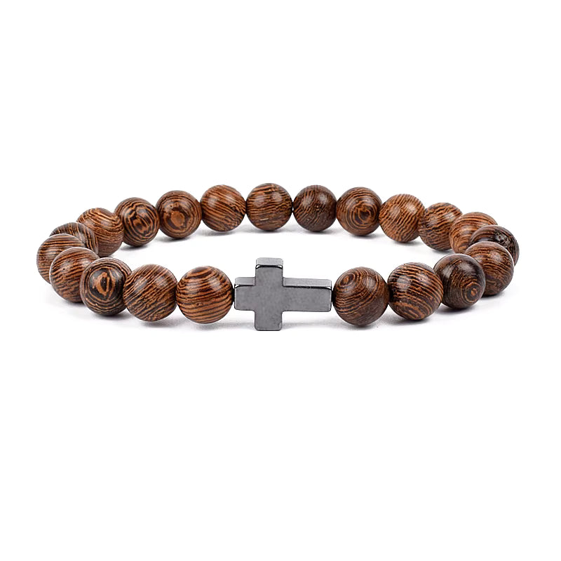 Wooden Bead Bracelet Men's Natural Turquoise Owl Accent Adjustable