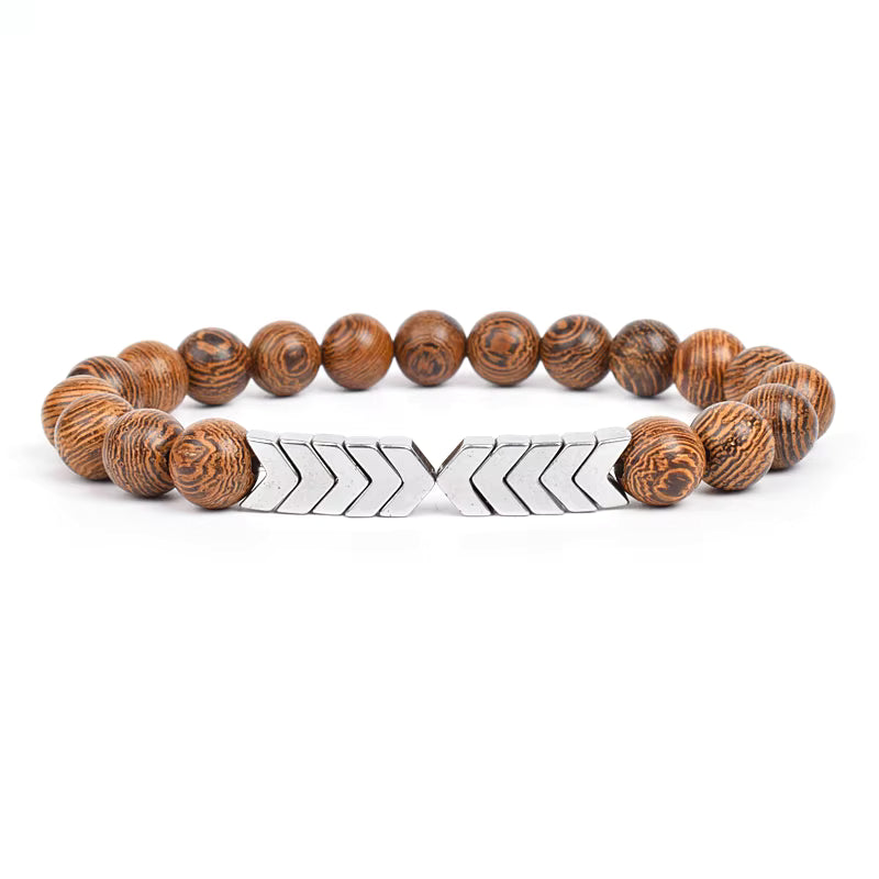 Wooden Bead Bracelet Men's Natural Turquoise Owl Accent Adjustable
