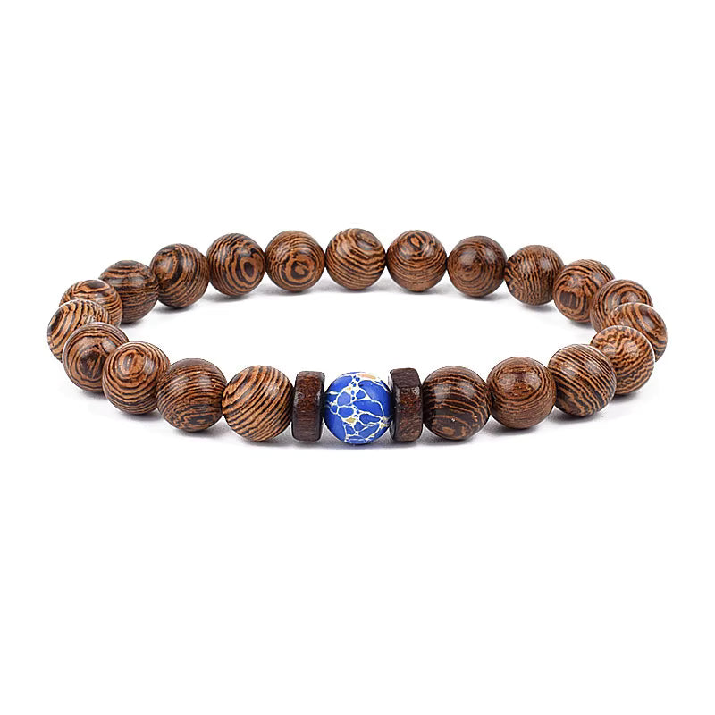 Wooden Bead Bracelet Men's Natural Turquoise Owl Accent Adjustable