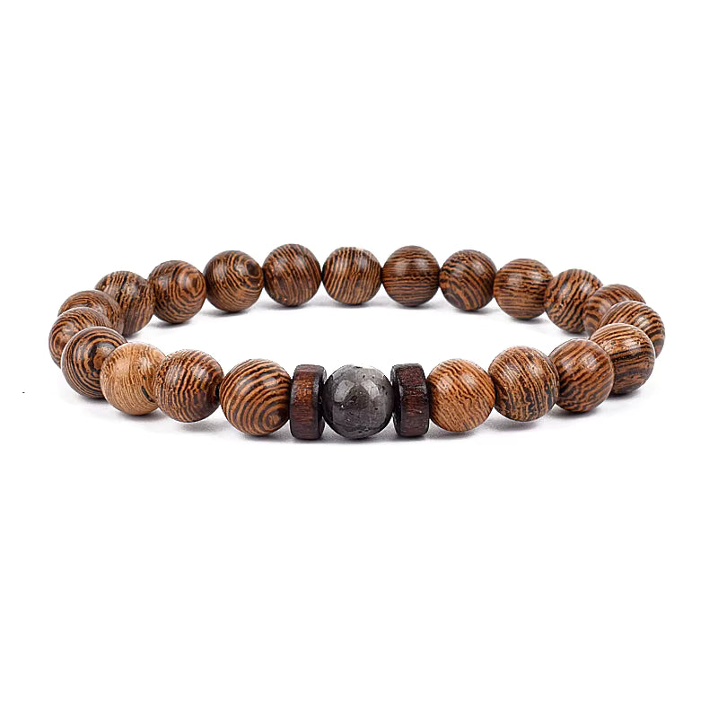 Wooden Bead Bracelet Men's Natural Turquoise Owl Accent Adjustable