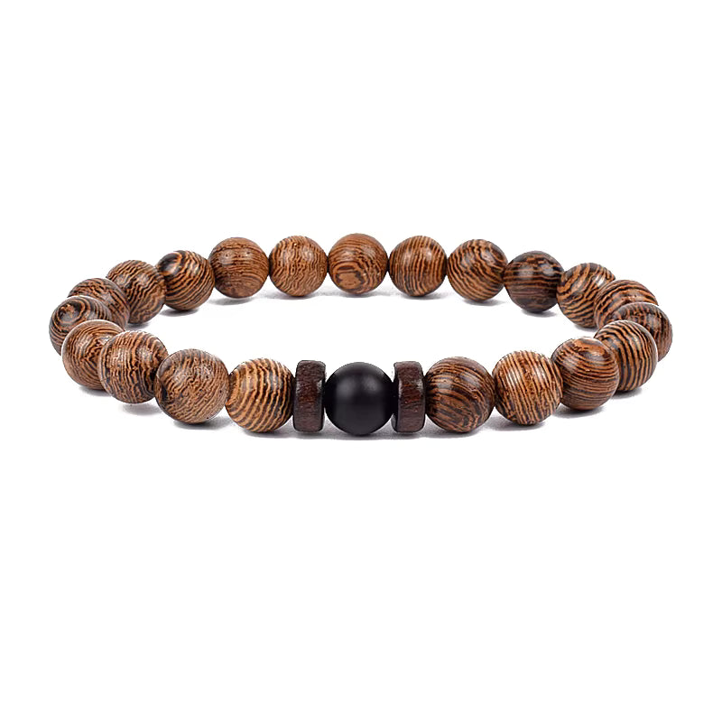 Wooden Bead Bracelet Men's Natural Turquoise Owl Accent Adjustable