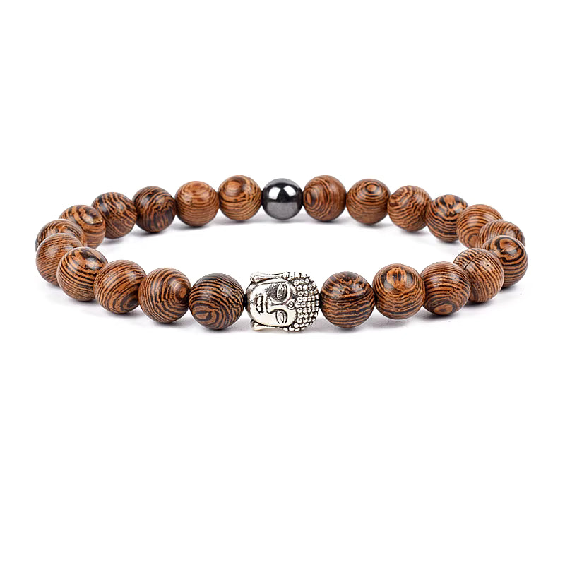 Wooden Bead Bracelet Men's Natural Turquoise Owl Accent Adjustable