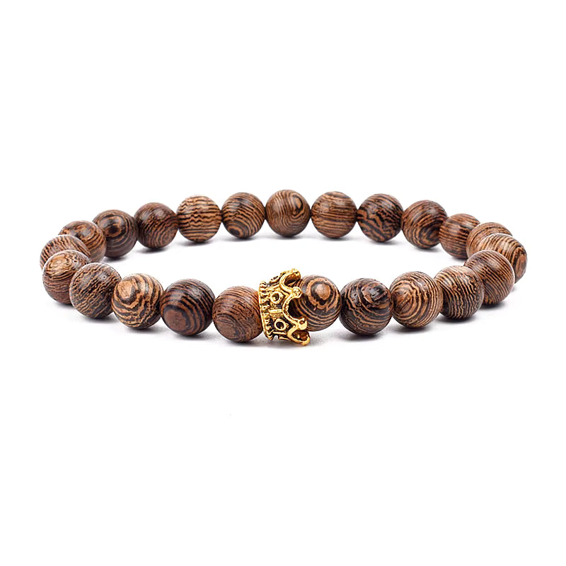 Wooden Bead Bracelet Men's Natural Turquoise Owl Accent Adjustable