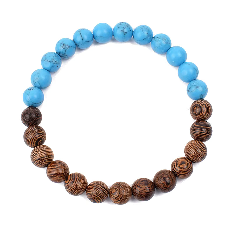 Wooden Bead Bracelet Men's Natural Turquoise Owl Accent Adjustable