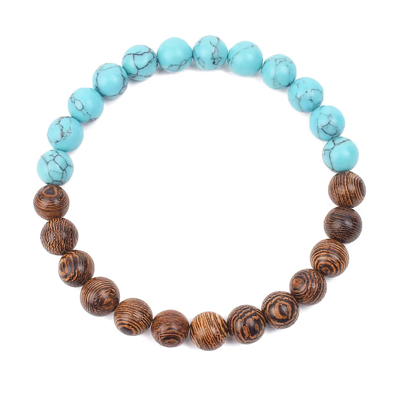 Wooden Bead Bracelet Men's Natural Turquoise Owl Accent Adjustable