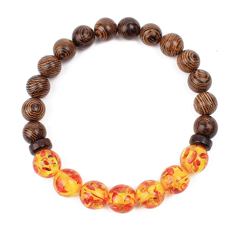 Wooden Bead Bracelet Men's Natural Turquoise Owl Accent Adjustable
