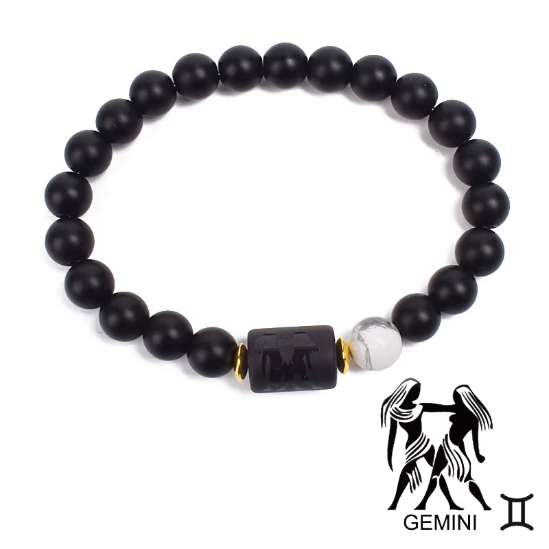 Zodiac Bracelet 12 Signs Women Obsidian Black Onyx Lava 8mm Elastic