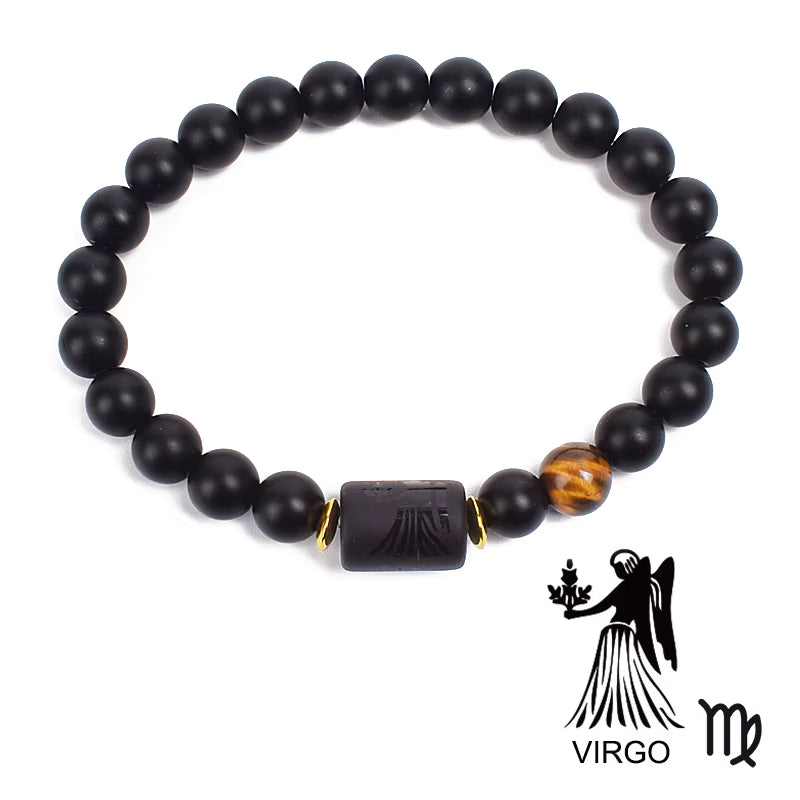 Zodiac Bracelet 12 Signs Women Obsidian Black Onyx Lava 8mm Elastic