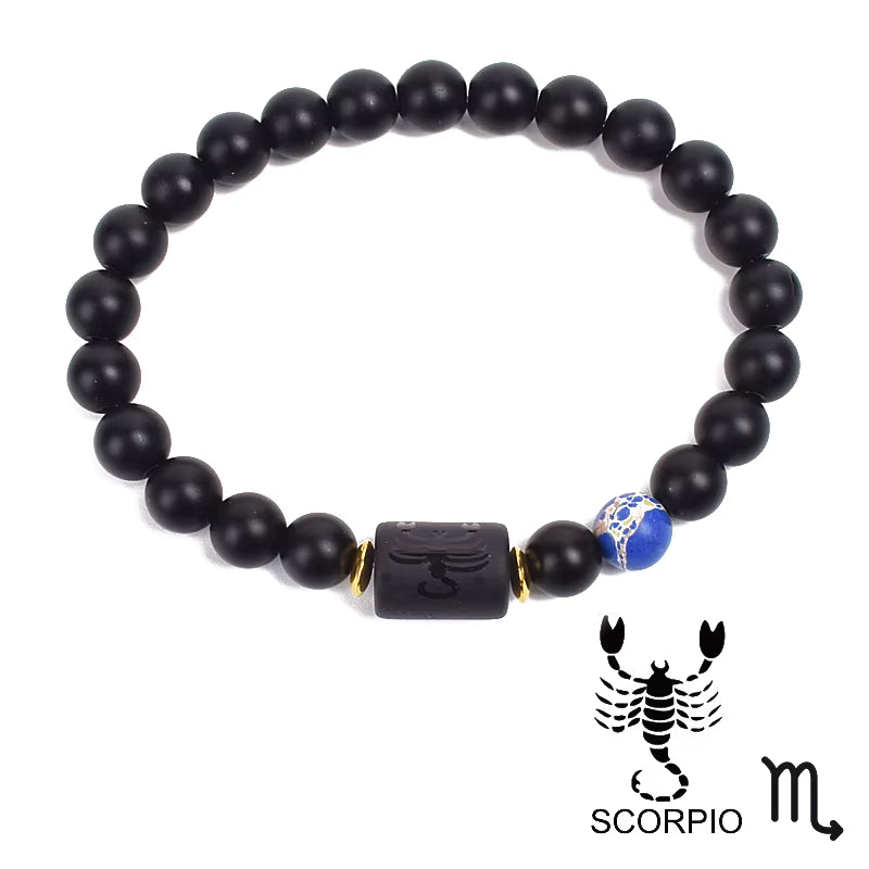 Zodiac Bracelet 12 Signs Women Obsidian Black Onyx Lava 8mm Elastic