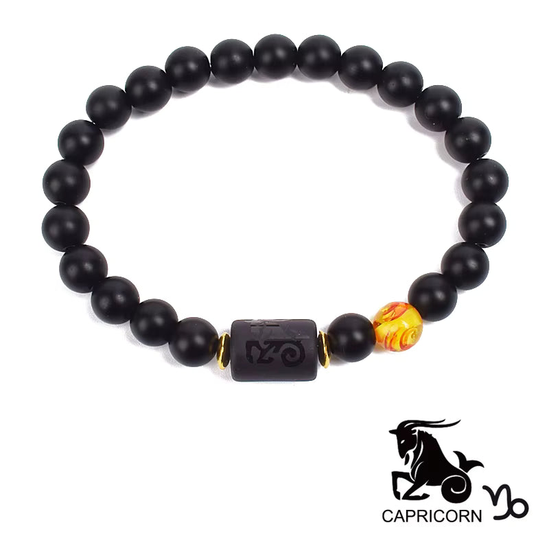 Zodiac Bracelet 12 Signs Women Obsidian Black Onyx Lava 8mm Elastic