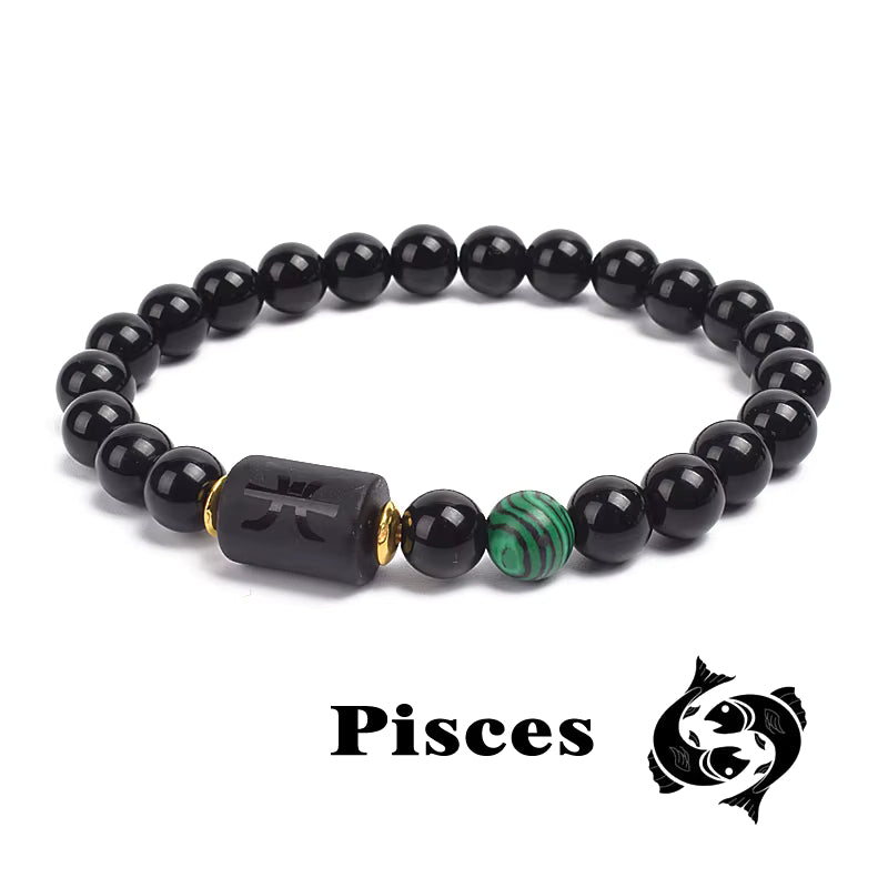 Zodiac Bracelet 12 Signs Women Obsidian Black Onyx Lava 8mm Elastic