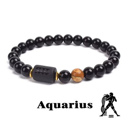 Zodiac Bracelet 12 Signs Women Obsidian Black Onyx Lava 8mm Elastic