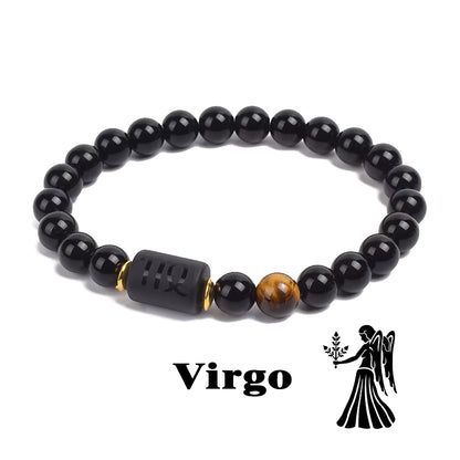 Zodiac Bracelet 12 Signs Women Obsidian Black Onyx Lava 8mm Elastic