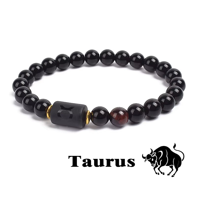 Zodiac Bracelet 12 Signs Women Obsidian Black Onyx Lava 8mm Elastic