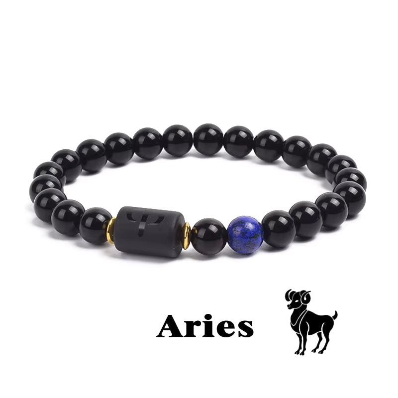 Zodiac Bracelet 12 Signs Women Obsidian Black Onyx Lava 8mm Elastic