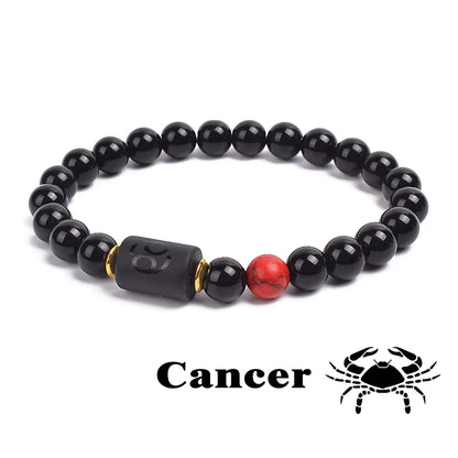 Zodiac Bracelet 12 Signs Women Obsidian Black Onyx Lava 8mm Elastic