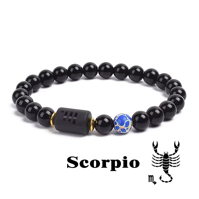 Zodiac Bracelet 12 Signs Women Obsidian Black Onyx Lava 8mm Elastic