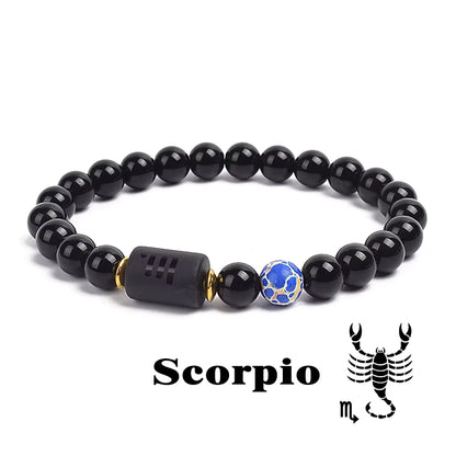 Zodiac Bracelet 12 Signs Women Obsidian Black Onyx Lava 8mm Elastic