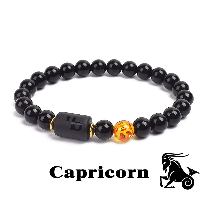 Zodiac Bracelet 12 Signs Women Obsidian Black Onyx Lava 8mm Elastic