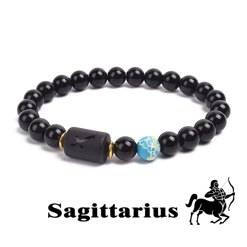 Zodiac Bracelet 12 Signs Women Obsidian Black Onyx Lava 8mm Elastic