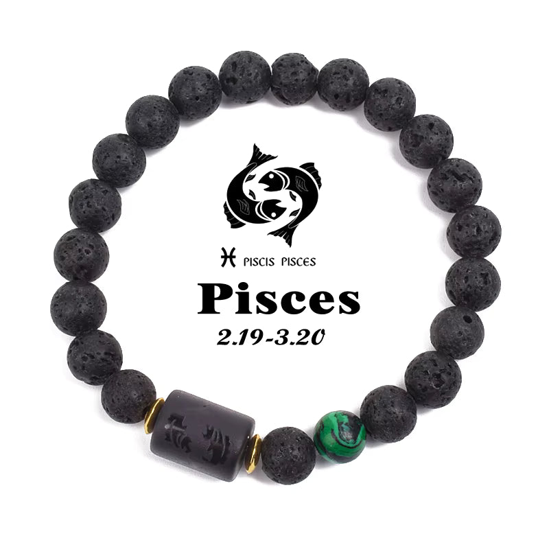 Zodiac Bracelet 12 Signs Women Obsidian Black Onyx Lava 8mm Elastic