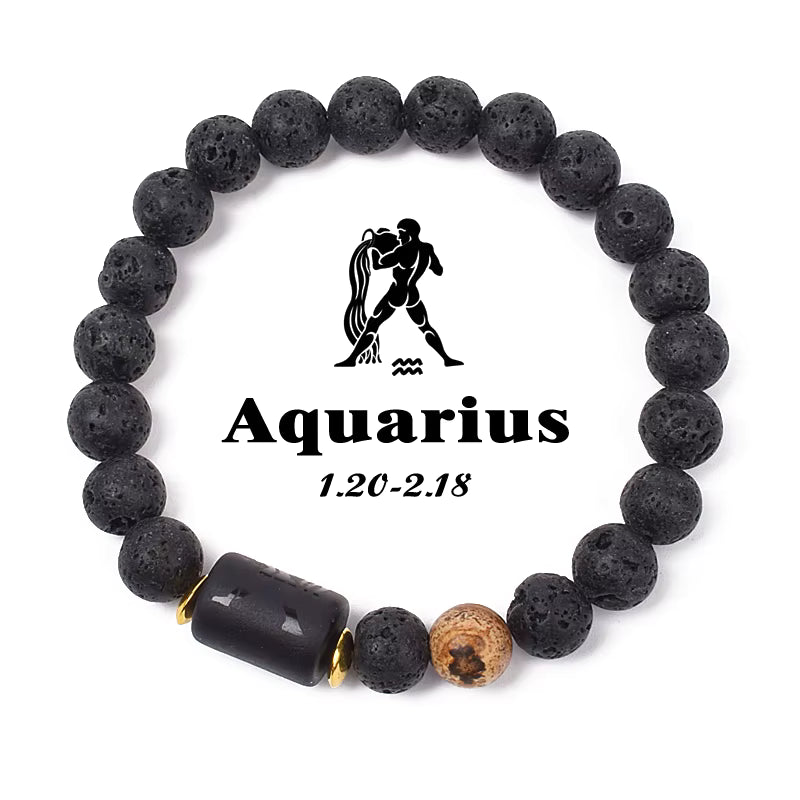Zodiac Bracelet 12 Signs Women Obsidian Black Onyx Lava 8mm Elastic