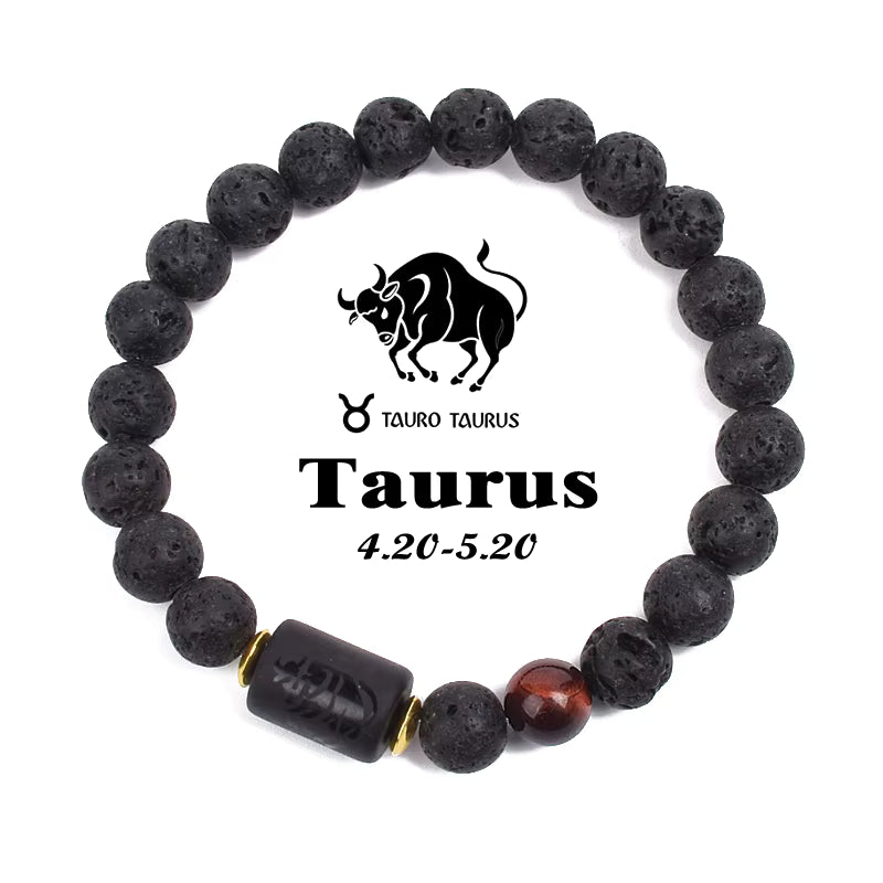 Zodiac Bracelet 12 Signs Women Obsidian Black Onyx Lava 8mm Elastic