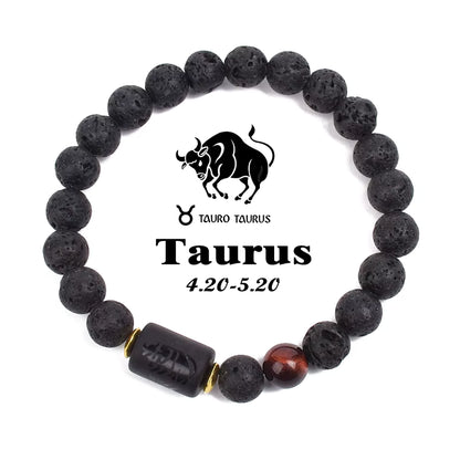 Zodiac Bracelet 12 Signs Women Obsidian Black Onyx Lava 8mm Elastic