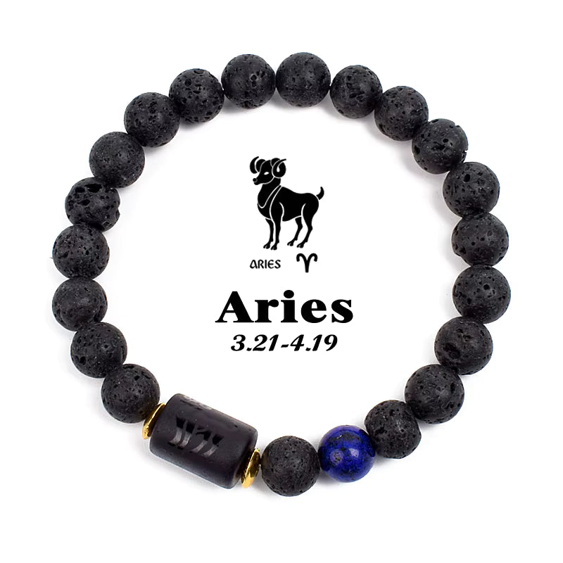 Zodiac Bracelet 12 Signs Women Obsidian Black Onyx Lava 8mm Elastic
