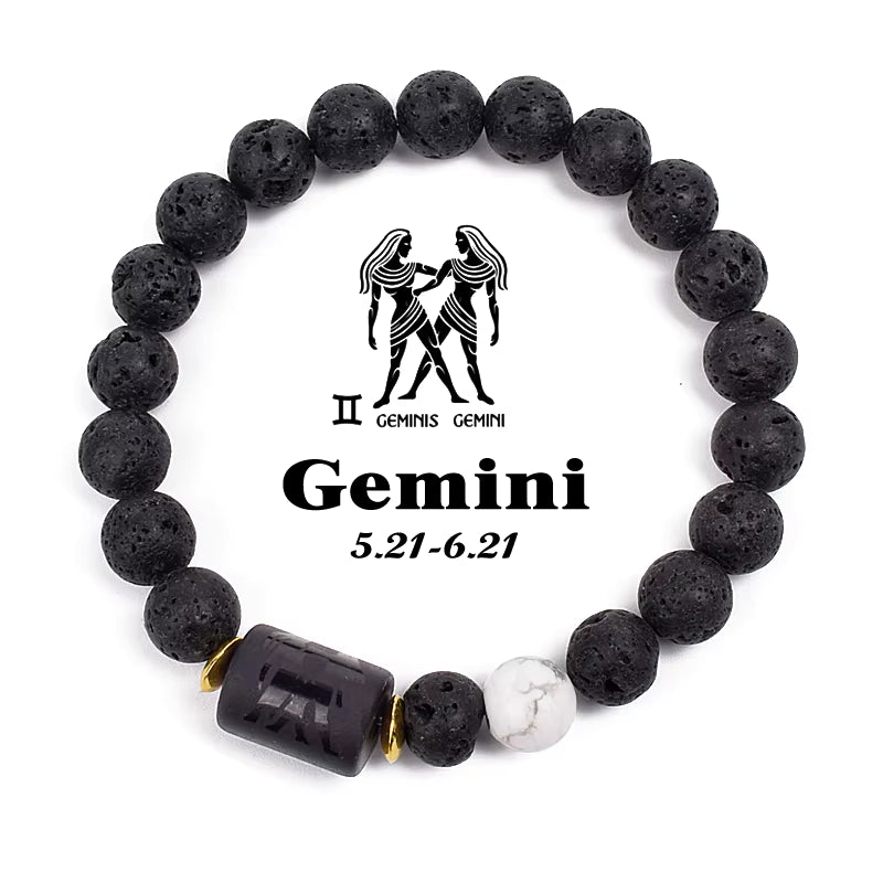 Zodiac Bracelet 12 Signs Women Obsidian Black Onyx Lava 8mm Elastic