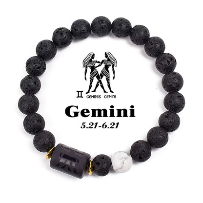 Zodiac Bracelet 12 Signs Women Obsidian Black Onyx Lava 8mm Elastic