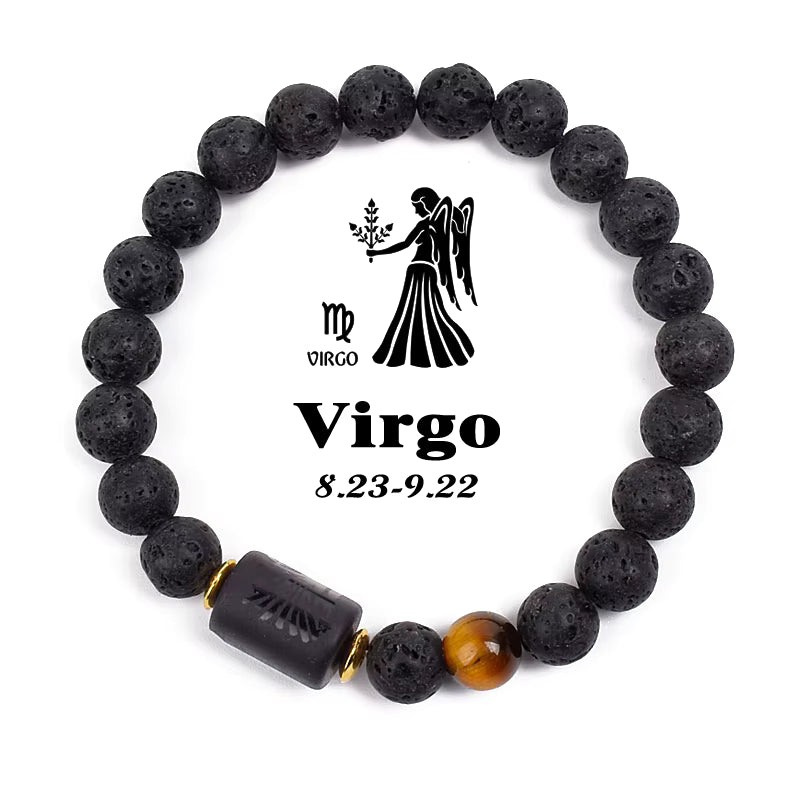 Zodiac Bracelet 12 Signs Women Obsidian Black Onyx Lava 8mm Elastic