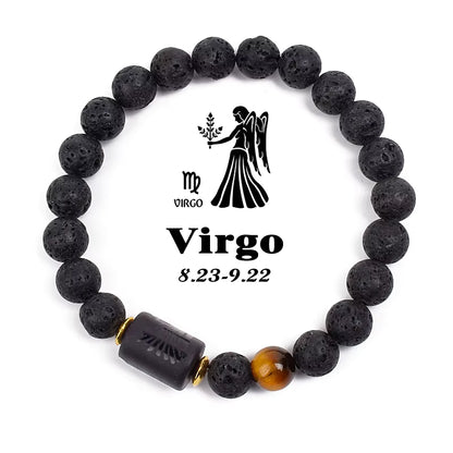 Zodiac Bracelet 12 Signs Women Obsidian Black Onyx Lava 8mm Elastic