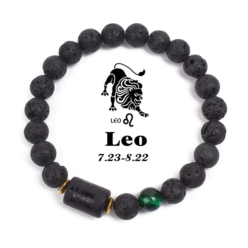 Zodiac Bracelet 12 Signs Women Obsidian Black Onyx Lava 8mm Elastic