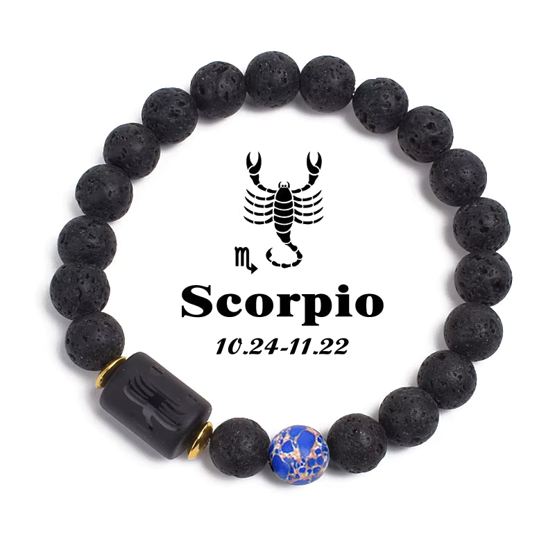 Zodiac Bracelet 12 Signs Women Obsidian Black Onyx Lava 8mm Elastic