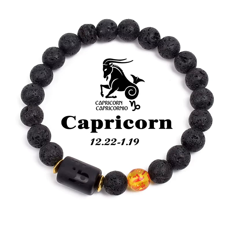 Zodiac Bracelet 12 Signs Women Obsidian Black Onyx Lava 8mm Elastic
