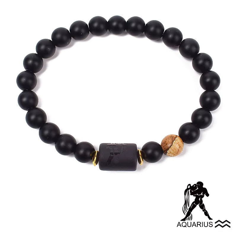 Zodiac Bracelet 12 Signs Women Obsidian Black Onyx Lava 8mm Elastic
