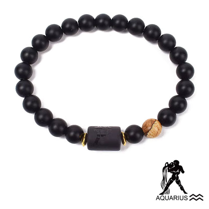 Zodiac Bracelet 12 Signs Women Obsidian Black Onyx Lava 8mm Elastic