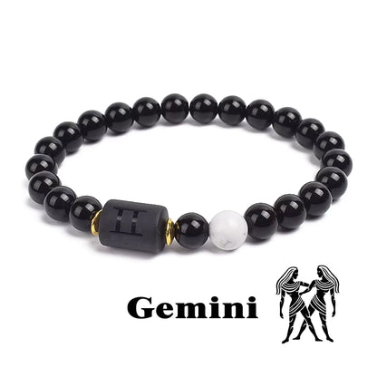 Zodiac Bracelet 12 Signs Women Obsidian Black Onyx Lava 8mm Elastic