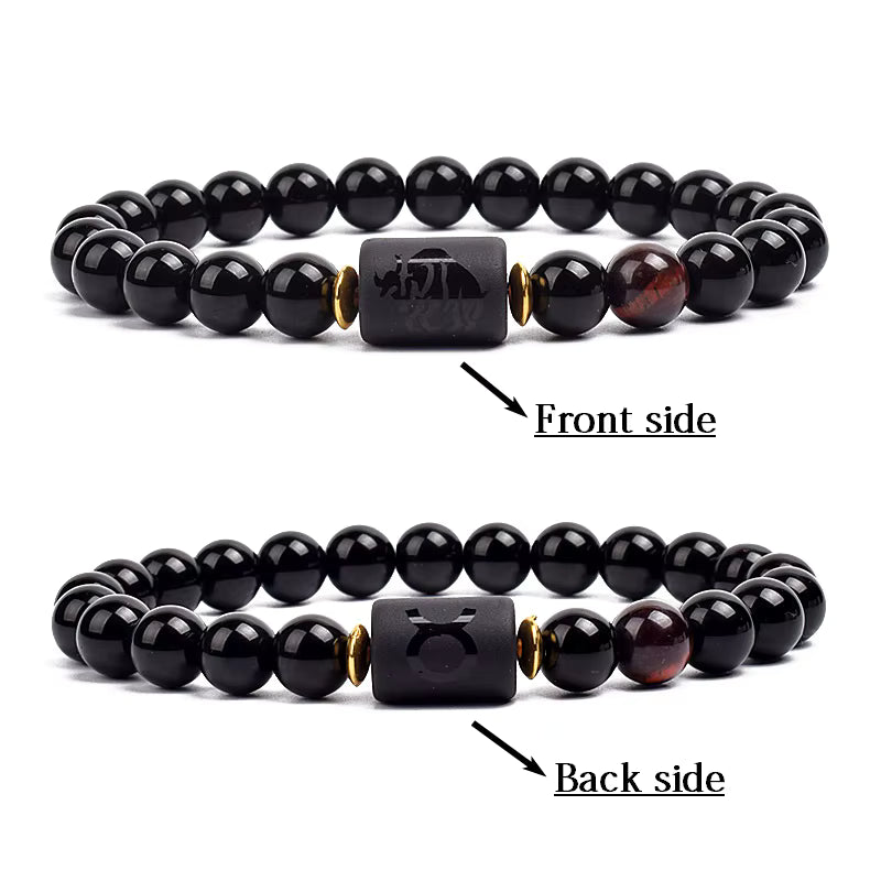 Zodiac Bracelet 12 Signs Women Obsidian Black Onyx Lava 8mm Elastic